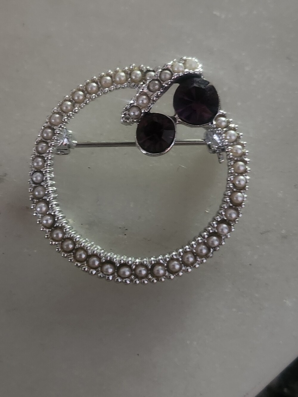 Seed Pearl and Purple Crystal Circle Brooch